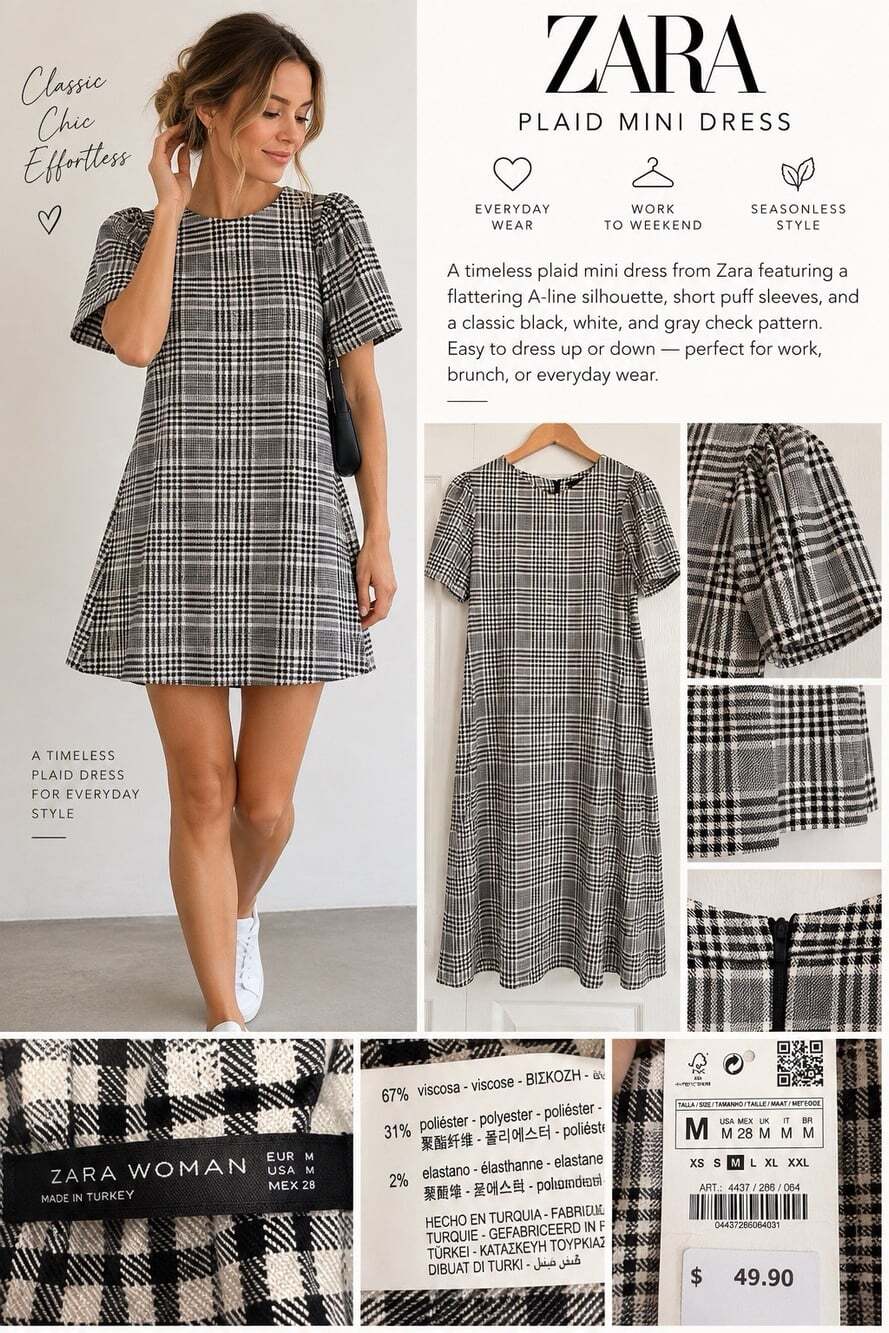 Zara Woman Plaid A-Line Mini Dress Puff Sleeve Black White Size M NWT